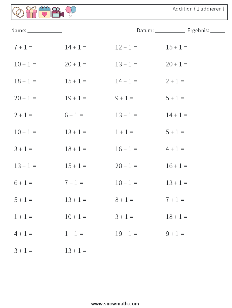 (50) Addition ( 1 addieren ) Mathe-Arbeitsblätter 1