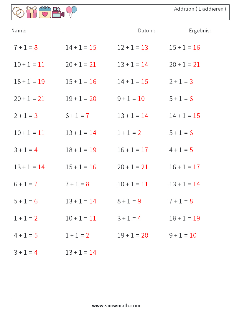 (50) Addition ( 1 addieren ) Mathe-Arbeitsblätter 1 Frage, Antwort