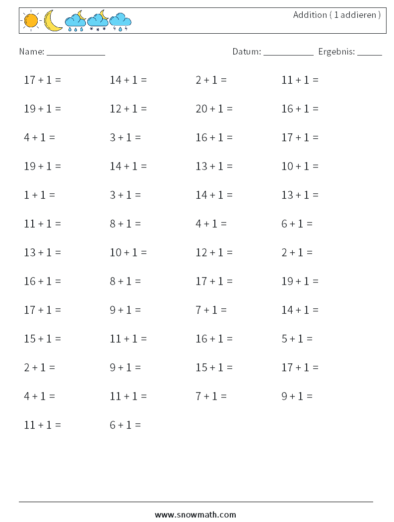 (50) Addition ( 1 addieren ) Mathe-Arbeitsblätter 2