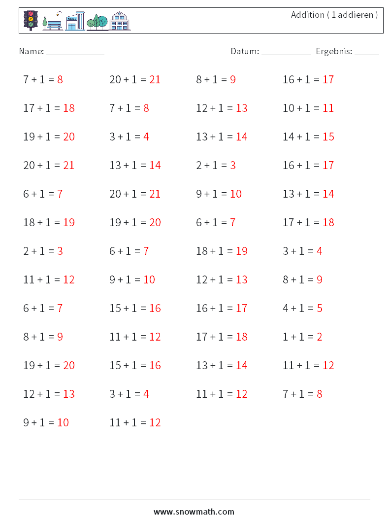 (50) Addition ( 1 addieren ) Mathe-Arbeitsblätter 3 Frage, Antwort