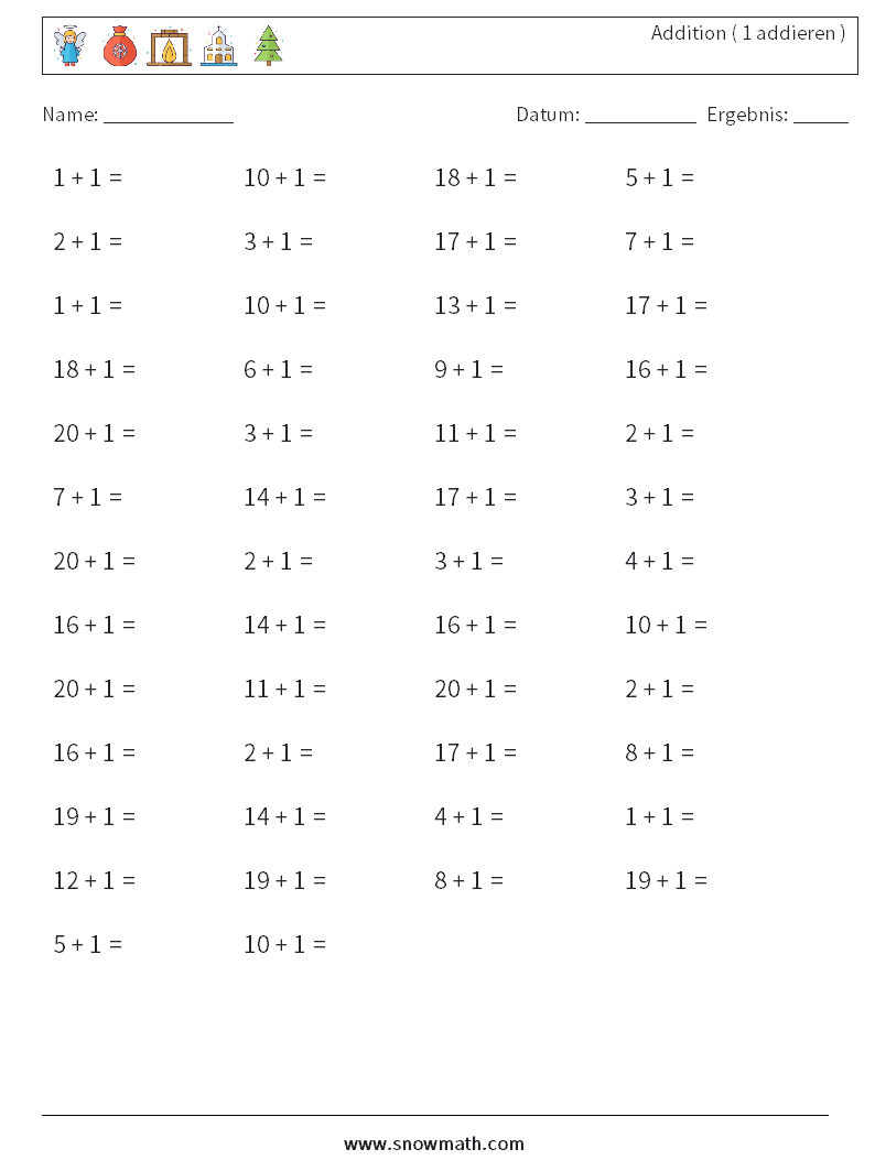 (50) Addition ( 1 addieren ) Mathe-Arbeitsblätter 4