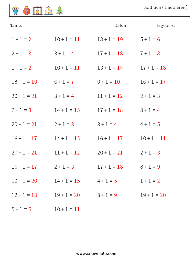 (50) Addition ( 1 addieren ) Mathe-Arbeitsblätter 4 Frage, Antwort