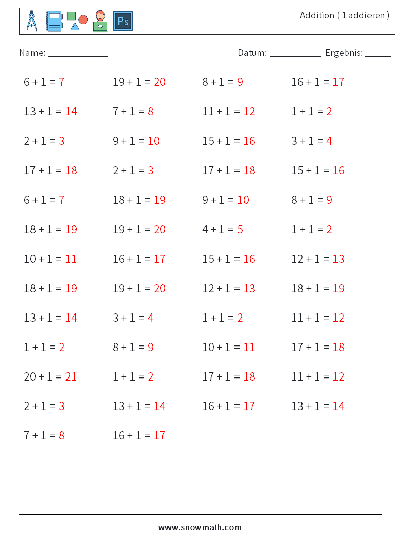 (50) Addition ( 1 addieren ) Mathe-Arbeitsblätter 6 Frage, Antwort