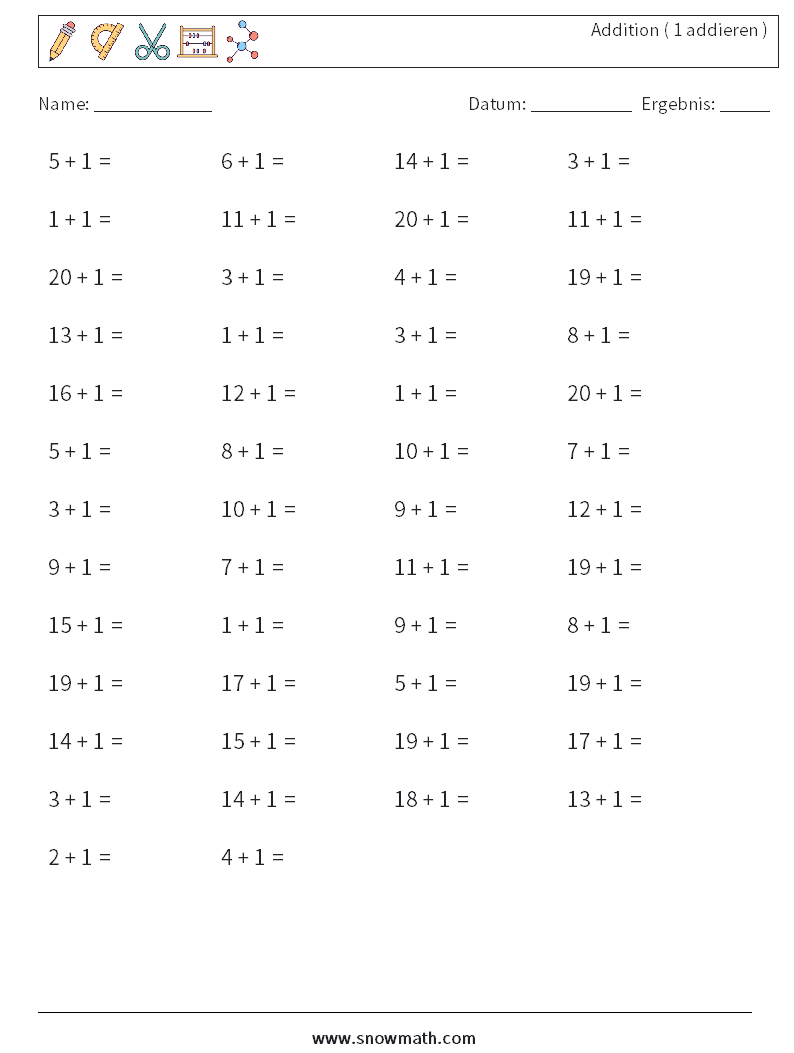 (50) Addition ( 1 addieren ) Mathe-Arbeitsblätter 9