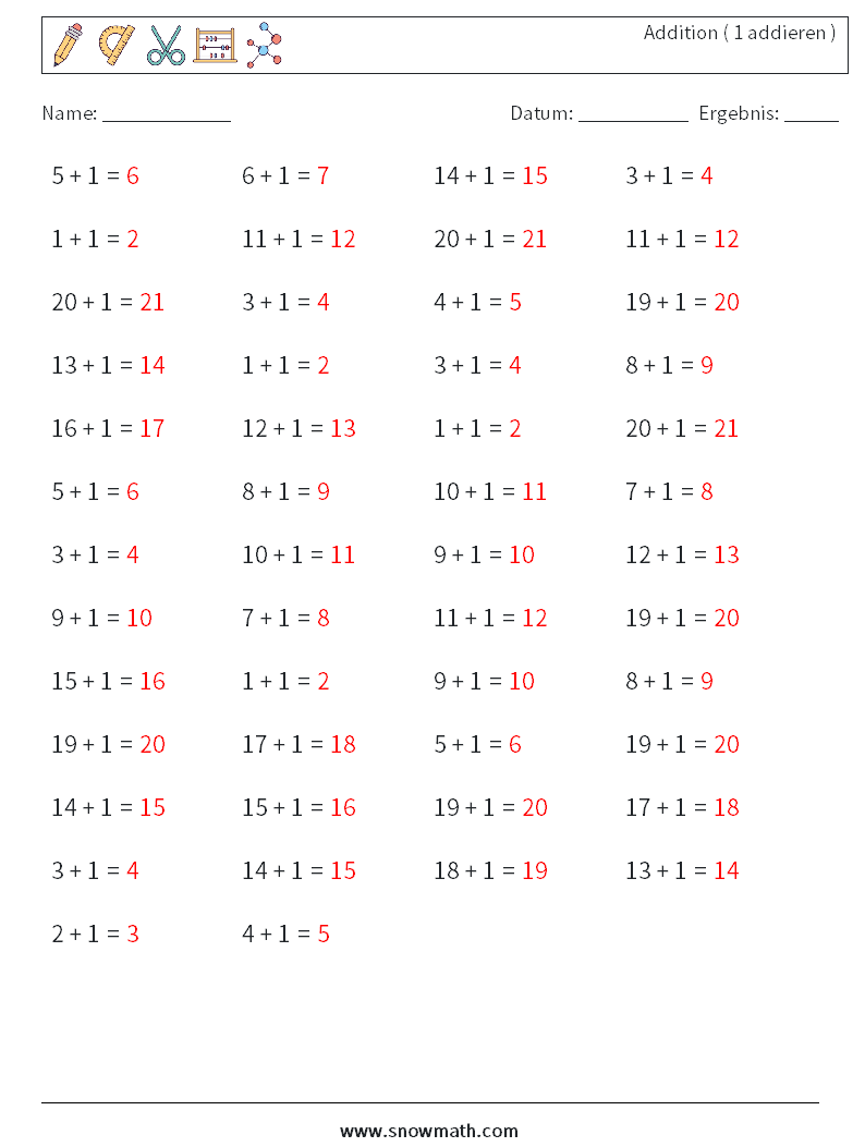 (50) Addition ( 1 addieren ) Mathe-Arbeitsblätter 9 Frage, Antwort