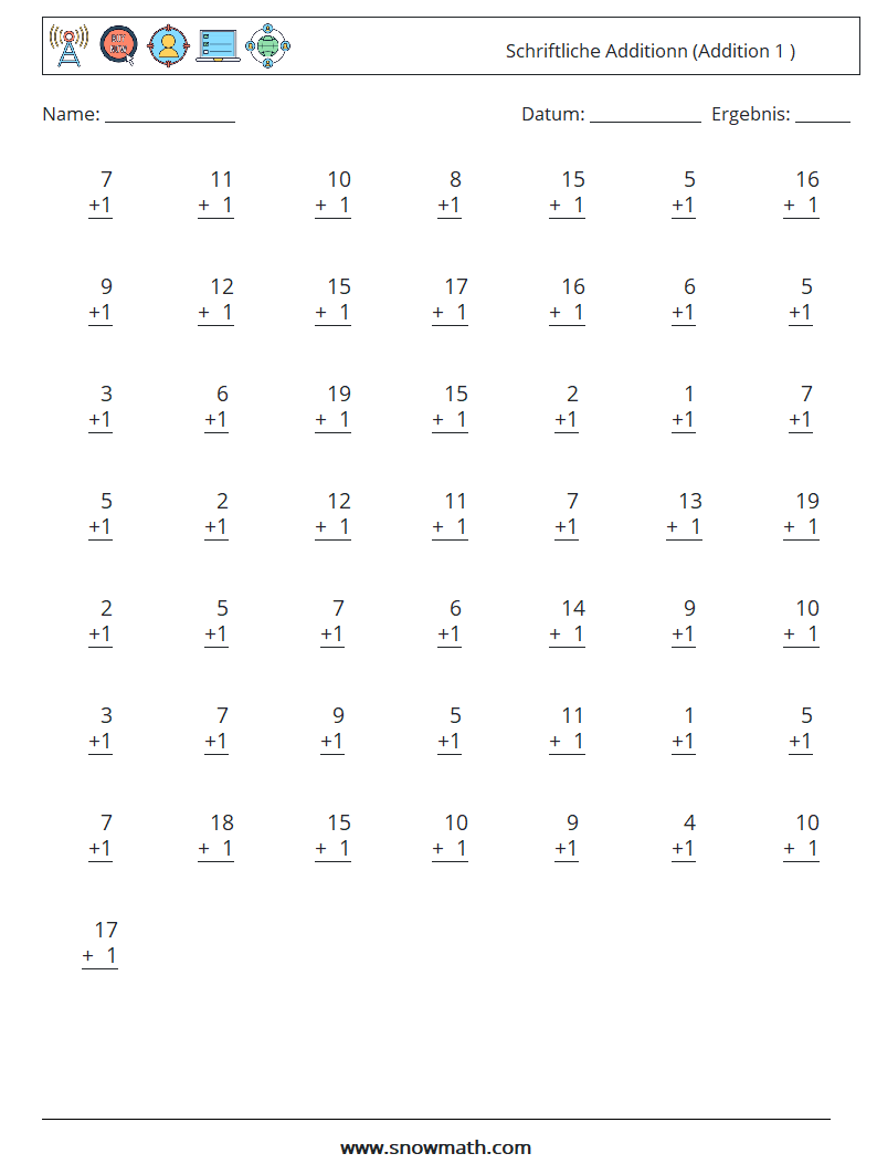 (50) Schriftliche Additionn (Addition 1 ) Mathe-Arbeitsblätter 1