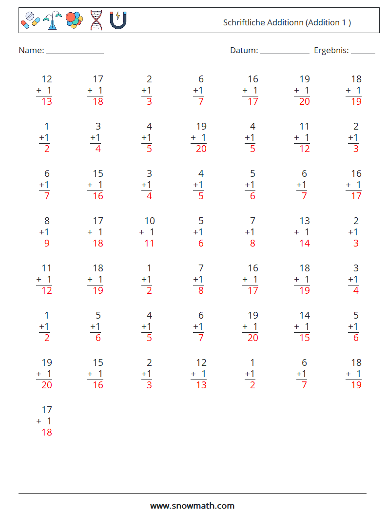 (50) Schriftliche Additionn (Addition 1 ) Mathe-Arbeitsblätter 11 Frage, Antwort