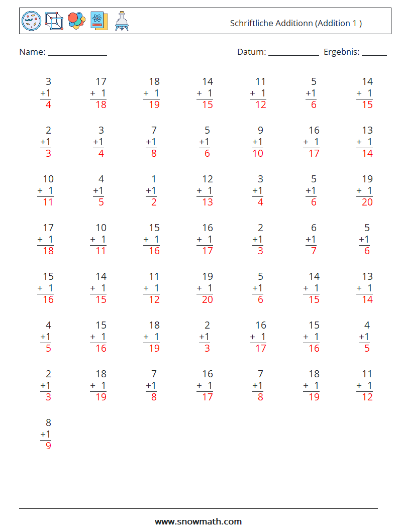 (50) Schriftliche Additionn (Addition 1 ) Mathe-Arbeitsblätter 12 Frage, Antwort