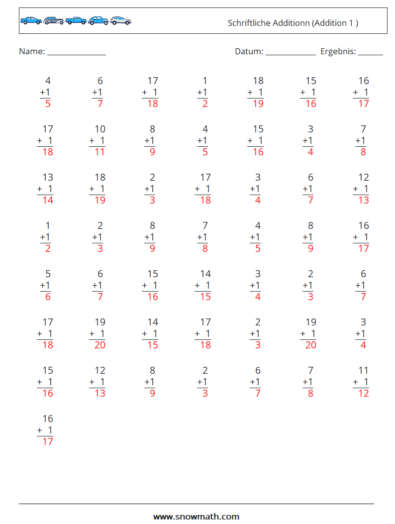 (50) Schriftliche Additionn (Addition 1 ) Mathe-Arbeitsblätter 13 Frage, Antwort