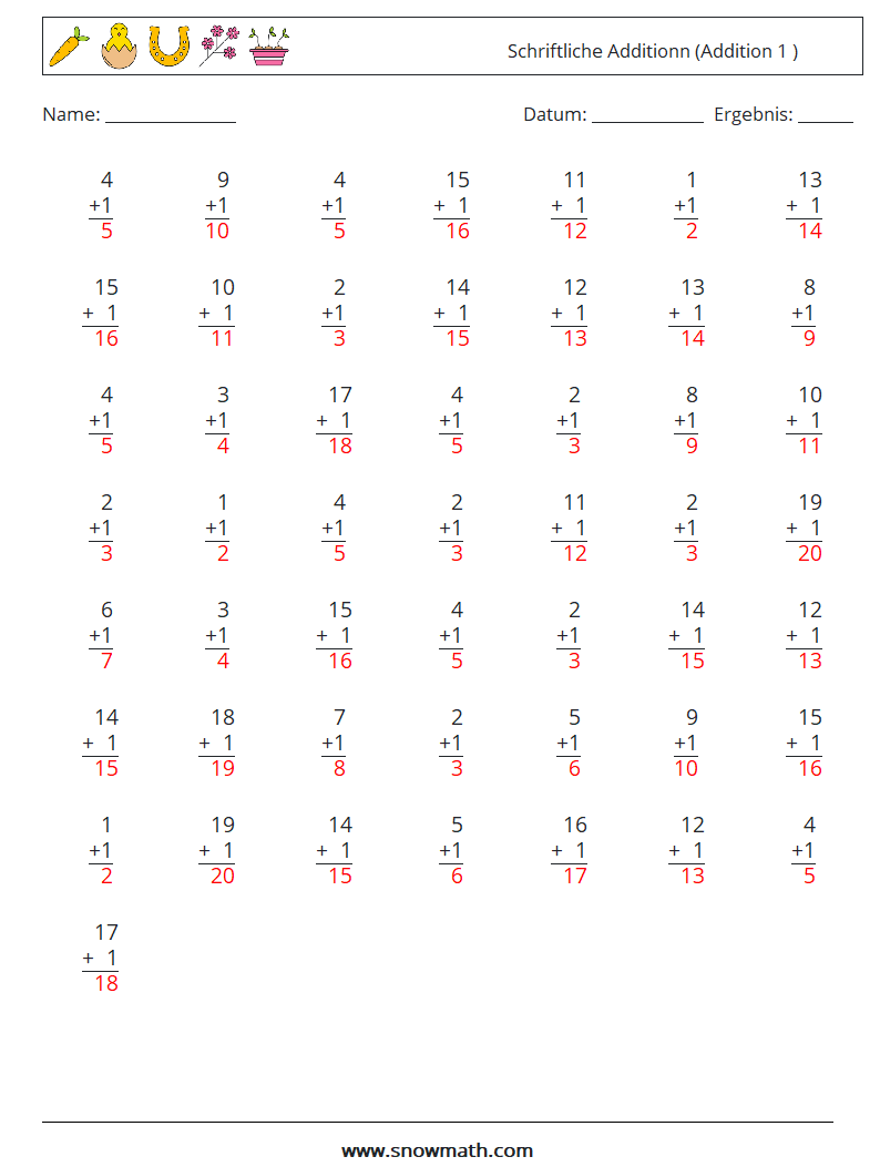 (50) Schriftliche Additionn (Addition 1 ) Mathe-Arbeitsblätter 15 Frage, Antwort