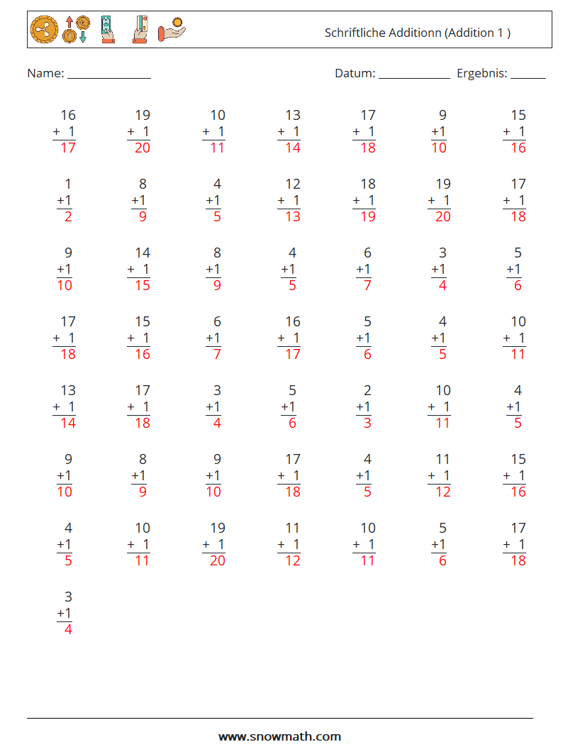 (50) Schriftliche Additionn (Addition 1 ) Mathe-Arbeitsblätter 17 Frage, Antwort