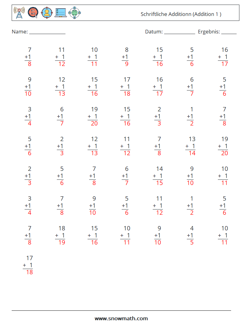 (50) Schriftliche Additionn (Addition 1 ) Mathe-Arbeitsblätter 1 Frage, Antwort