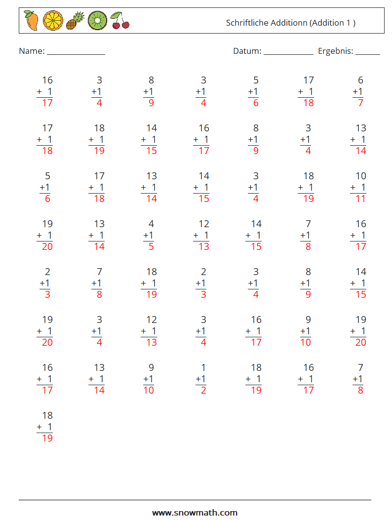 (50) Schriftliche Additionn (Addition 1 ) Mathe-Arbeitsblätter 2 Frage, Antwort