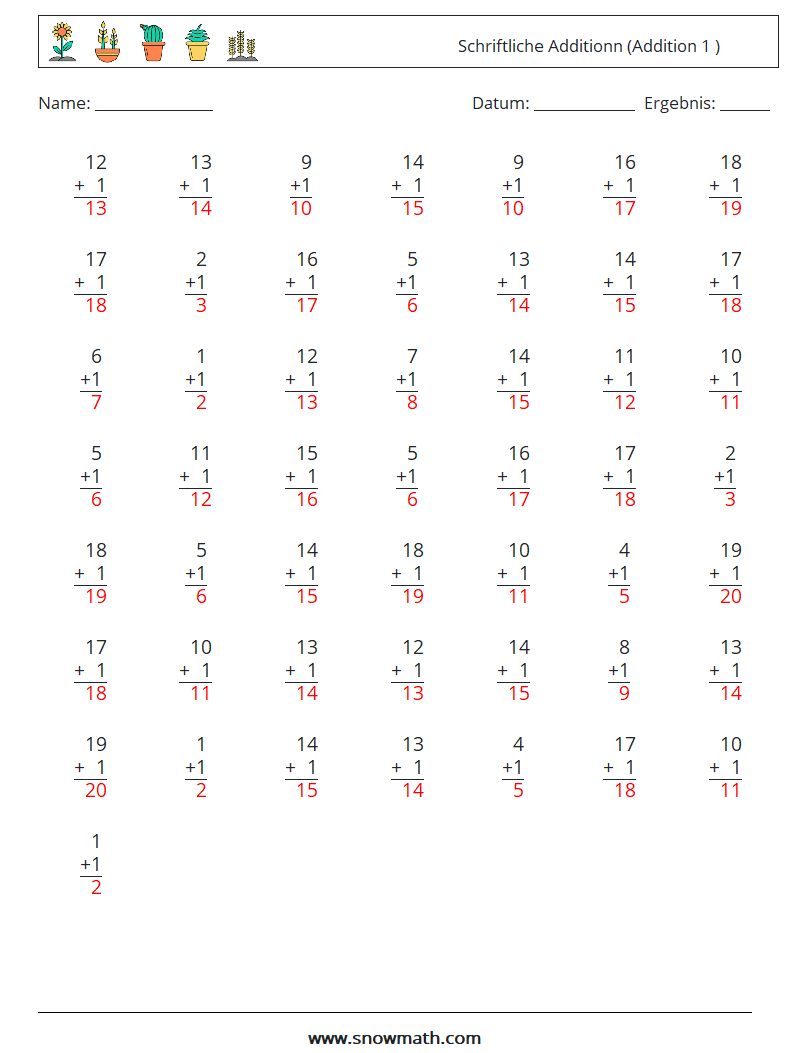 (50) Schriftliche Additionn (Addition 1 ) Mathe-Arbeitsblätter 3 Frage, Antwort