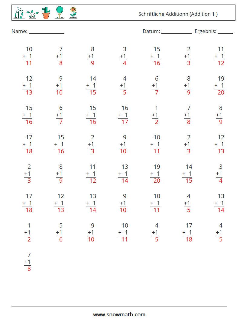 (50) Schriftliche Additionn (Addition 1 ) Mathe-Arbeitsblätter 4 Frage, Antwort