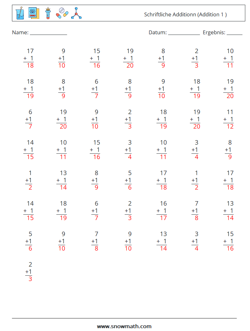 (50) Schriftliche Additionn (Addition 1 ) Mathe-Arbeitsblätter 8 Frage, Antwort