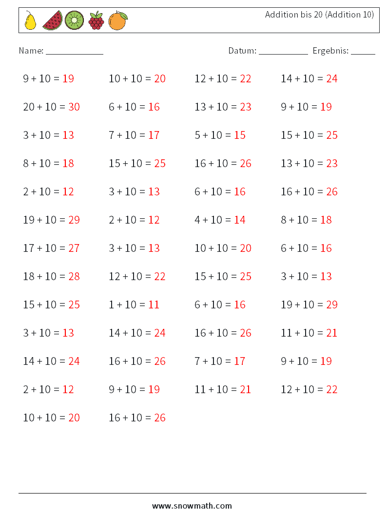 (50) Addition bis 20 (Addition 10) Mathe-Arbeitsblätter 1 Frage, Antwort