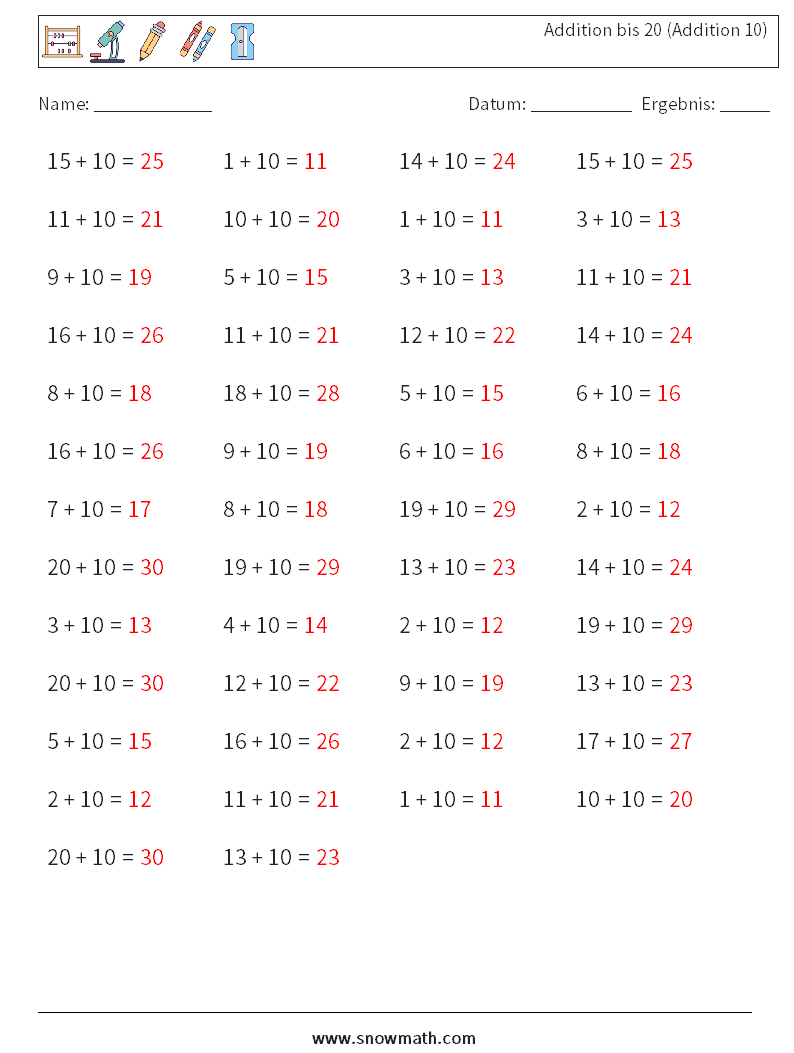(50) Addition bis 20 (Addition 10) Mathe-Arbeitsblätter 2 Frage, Antwort