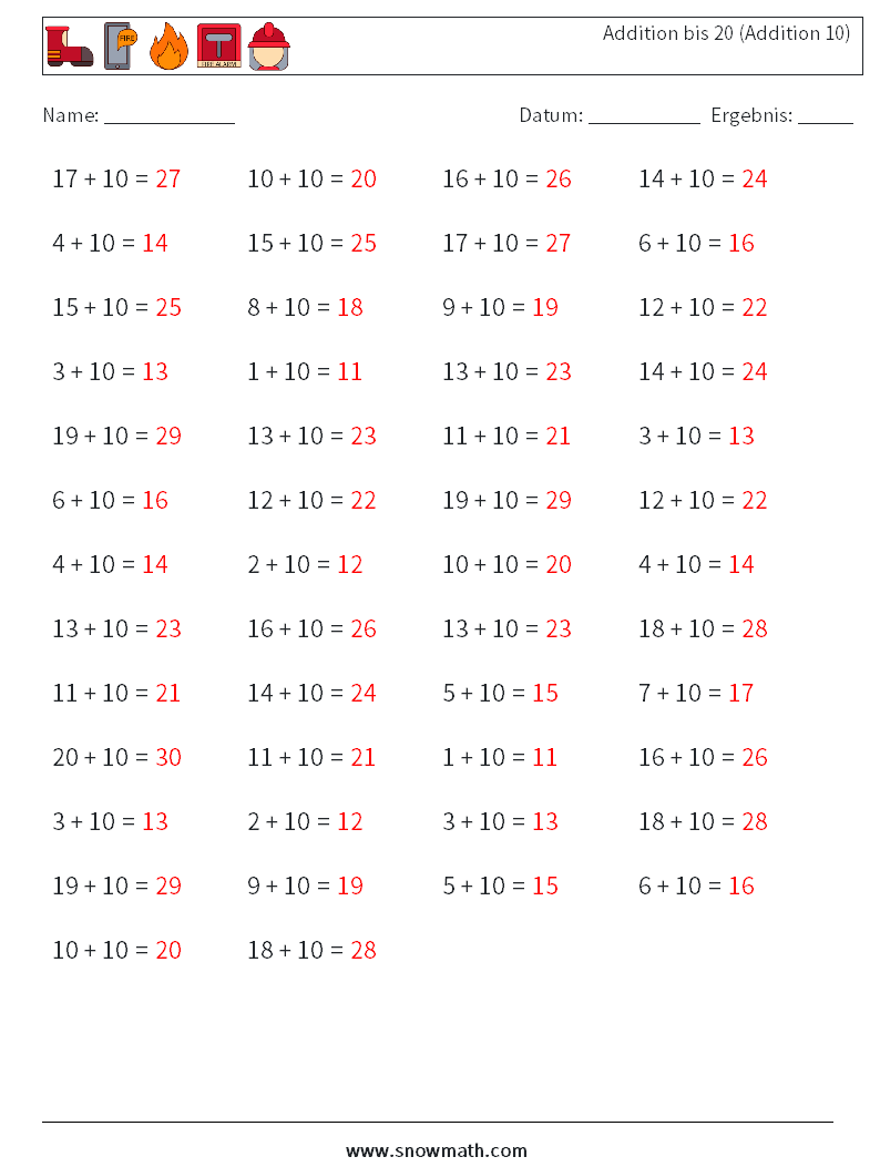 (50) Addition bis 20 (Addition 10) Mathe-Arbeitsblätter 3 Frage, Antwort