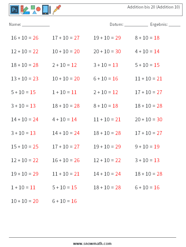 (50) Addition bis 20 (Addition 10) Mathe-Arbeitsblätter 4 Frage, Antwort