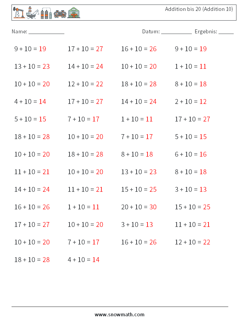 (50) Addition bis 20 (Addition 10) Mathe-Arbeitsblätter 5 Frage, Antwort
