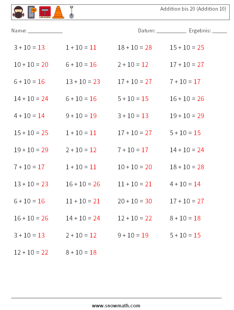 (50) Addition bis 20 (Addition 10) Mathe-Arbeitsblätter 7 Frage, Antwort