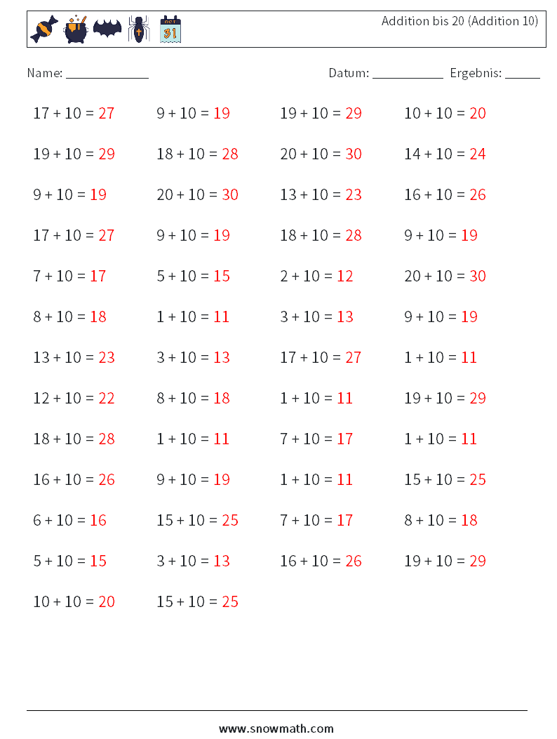 (50) Addition bis 20 (Addition 10) Mathe-Arbeitsblätter 8 Frage, Antwort