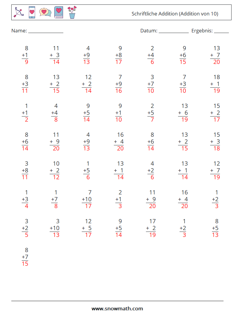 (50) Schriftliche Addition (Addition von 10) Mathe-Arbeitsblätter 10 Frage, Antwort