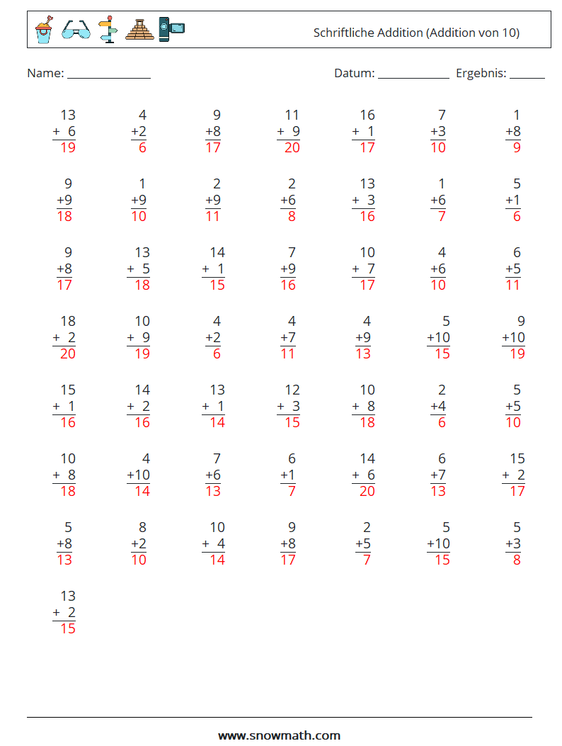 (50) Schriftliche Addition (Addition von 10) Mathe-Arbeitsblätter 11 Frage, Antwort