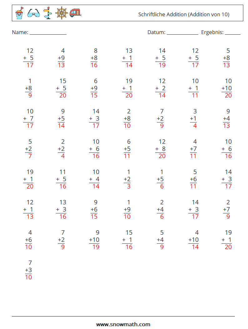 (50) Schriftliche Addition (Addition von 10) Mathe-Arbeitsblätter 12 Frage, Antwort