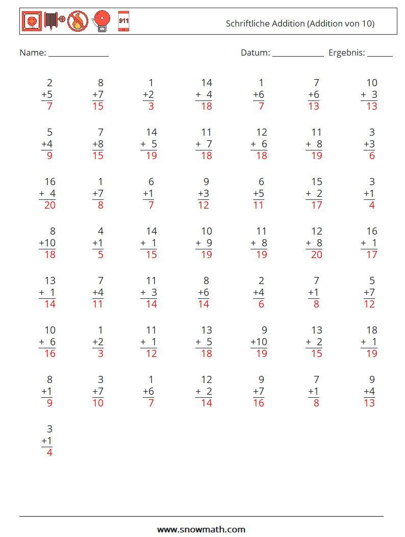 (50) Schriftliche Addition (Addition von 10) Mathe-Arbeitsblätter 13 Frage, Antwort