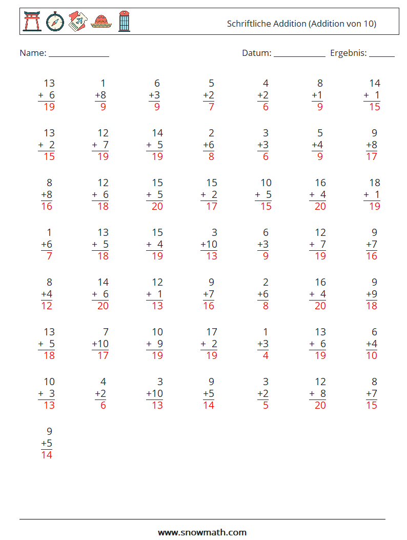 (50) Schriftliche Addition (Addition von 10) Mathe-Arbeitsblätter 14 Frage, Antwort