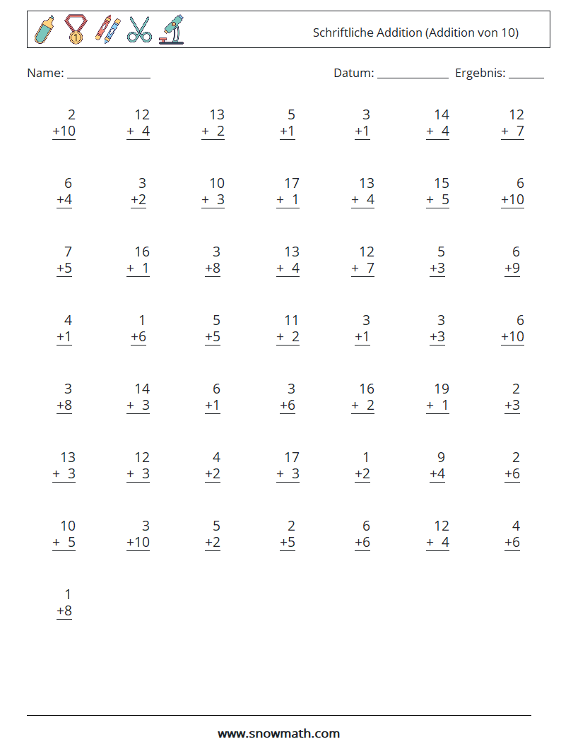 (50) Schriftliche Addition (Addition von 10) Mathe-Arbeitsblätter 15