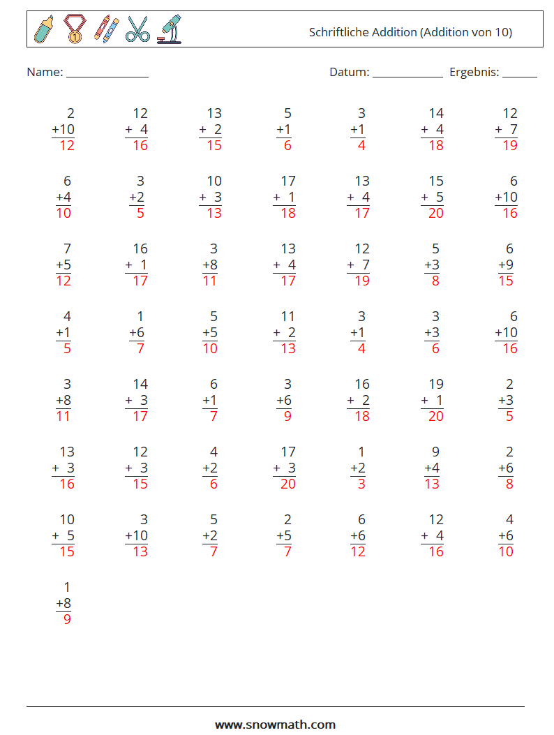 (50) Schriftliche Addition (Addition von 10) Mathe-Arbeitsblätter 15 Frage, Antwort