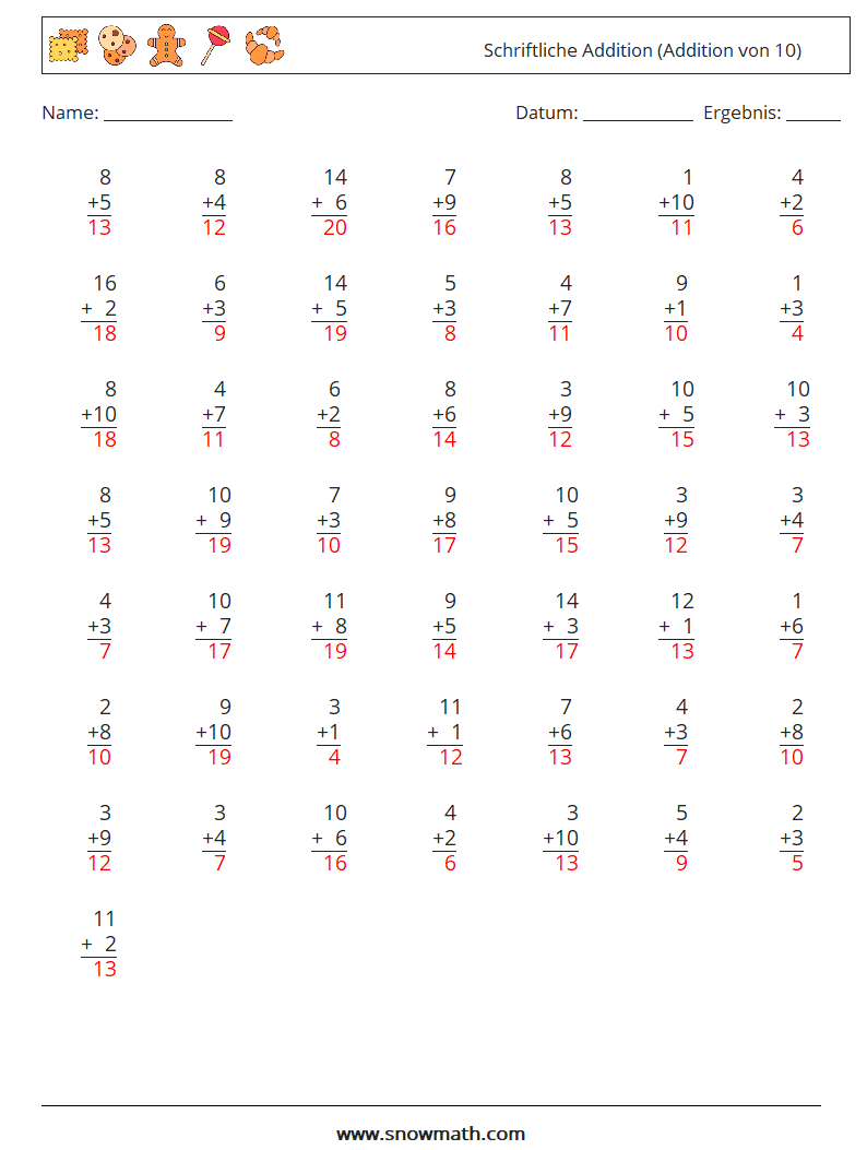 (50) Schriftliche Addition (Addition von 10) Mathe-Arbeitsblätter 16 Frage, Antwort