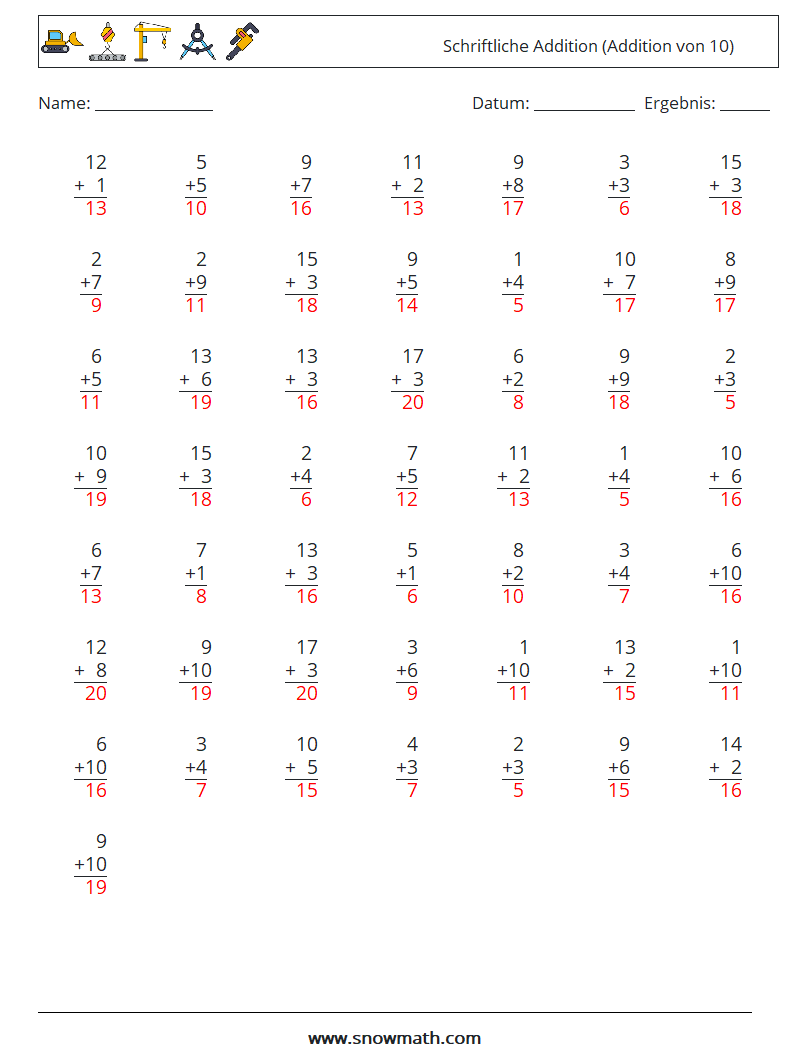 (50) Schriftliche Addition (Addition von 10) Mathe-Arbeitsblätter 17 Frage, Antwort