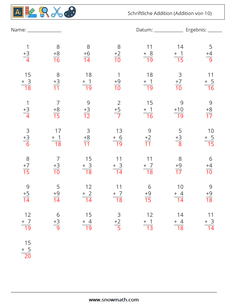 (50) Schriftliche Addition (Addition von 10) Mathe-Arbeitsblätter 1 Frage, Antwort