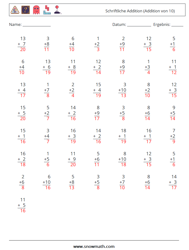 (50) Schriftliche Addition (Addition von 10) Mathe-Arbeitsblätter 2 Frage, Antwort