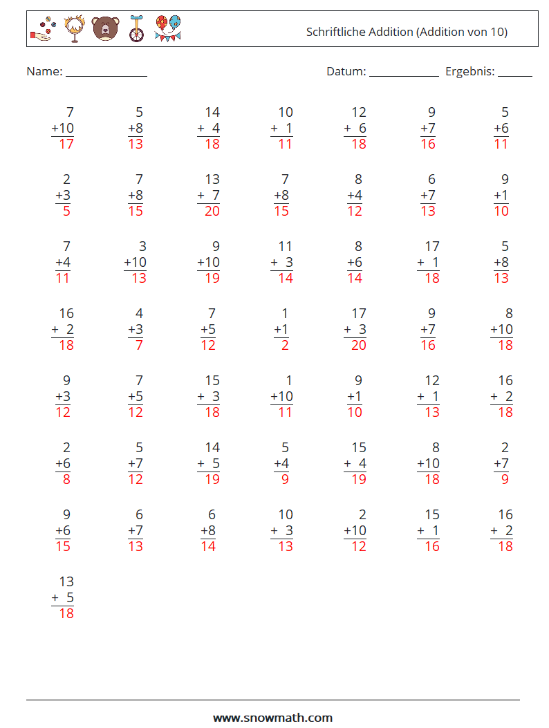 (50) Schriftliche Addition (Addition von 10) Mathe-Arbeitsblätter 3 Frage, Antwort