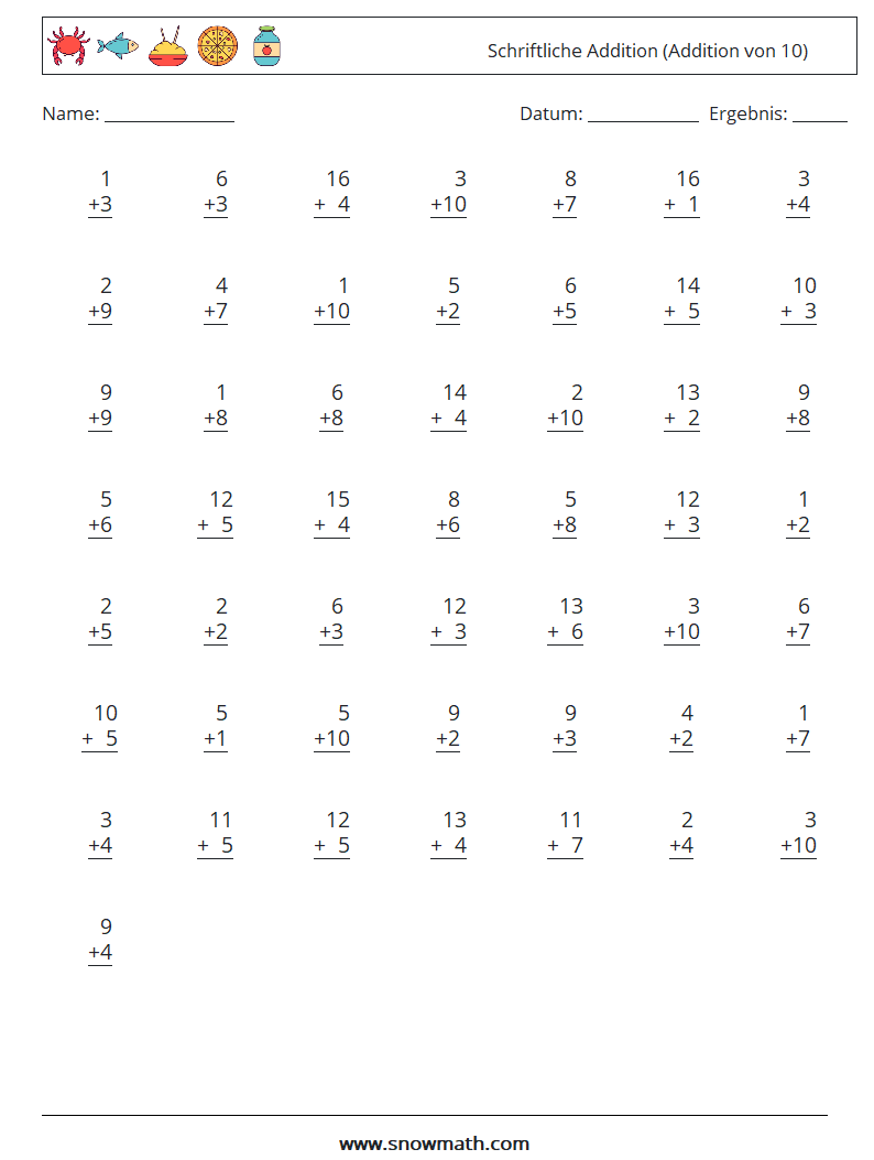 (50) Schriftliche Addition (Addition von 10) Mathe-Arbeitsblätter 4