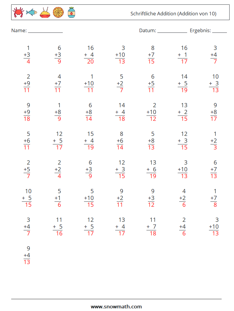 (50) Schriftliche Addition (Addition von 10) Mathe-Arbeitsblätter 4 Frage, Antwort