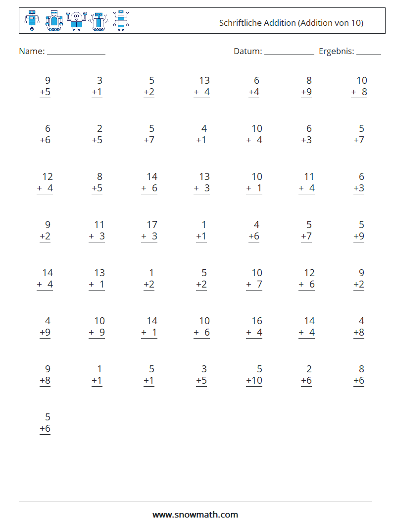 (50) Schriftliche Addition (Addition von 10) Mathe-Arbeitsblätter 5