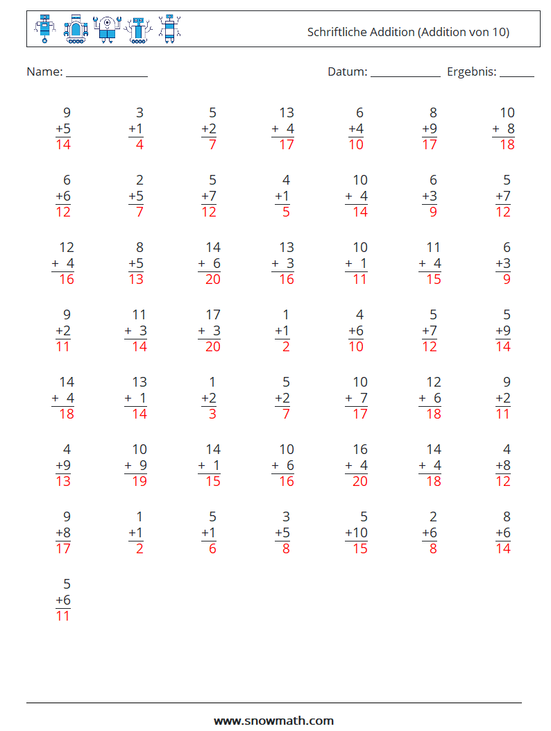 (50) Schriftliche Addition (Addition von 10) Mathe-Arbeitsblätter 5 Frage, Antwort