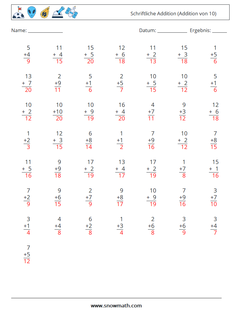 (50) Schriftliche Addition (Addition von 10) Mathe-Arbeitsblätter 7 Frage, Antwort