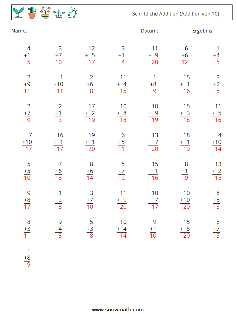 (50) Schriftliche Addition (Addition von 10) Mathe-Arbeitsblätter 8 Frage, Antwort