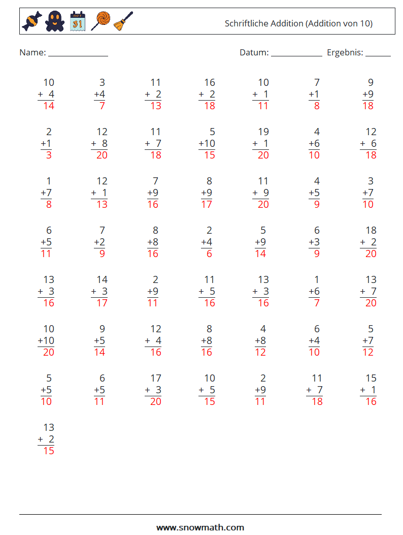 (50) Schriftliche Addition (Addition von 10) Mathe-Arbeitsblätter 9 Frage, Antwort