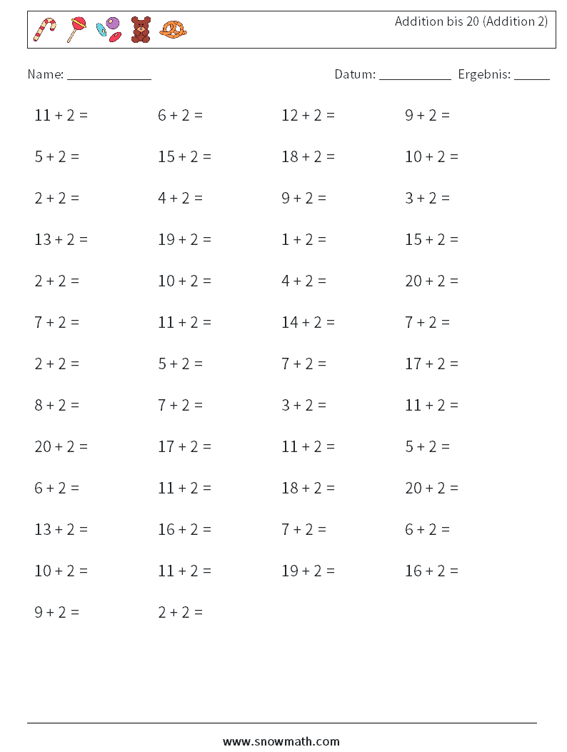 (50) Addition bis 20 (Addition 2) Mathe-Arbeitsblätter 1