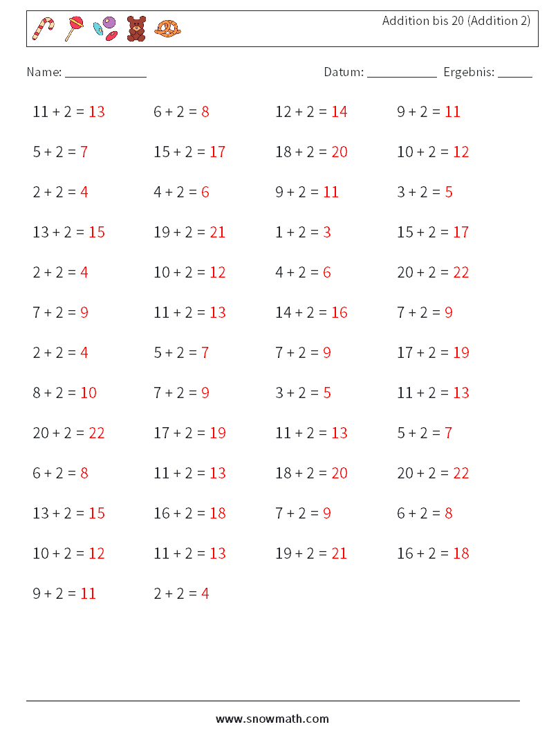 (50) Addition bis 20 (Addition 2) Mathe-Arbeitsblätter 1 Frage, Antwort