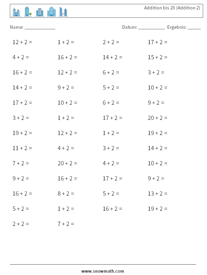 (50) Addition bis 20 (Addition 2) Mathe-Arbeitsblätter 2