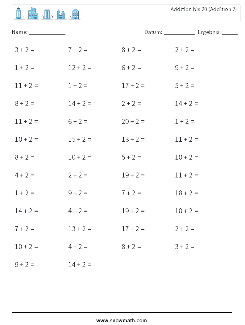 (50) Addition bis 20 (Addition 2) Mathe-Arbeitsblätter 3